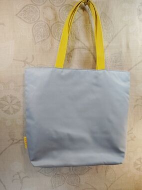 Clinique Reversible Light Blue / Pink Floral Shoulder Tote with Yellow Handles